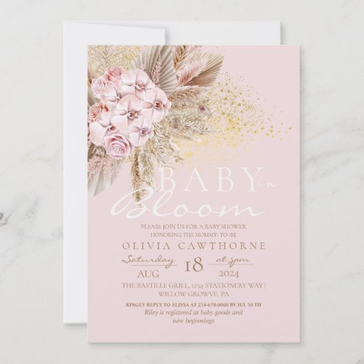 Blush Pink and Gold Baby in Bloom Baby Shower Einladung (Vorderseite)