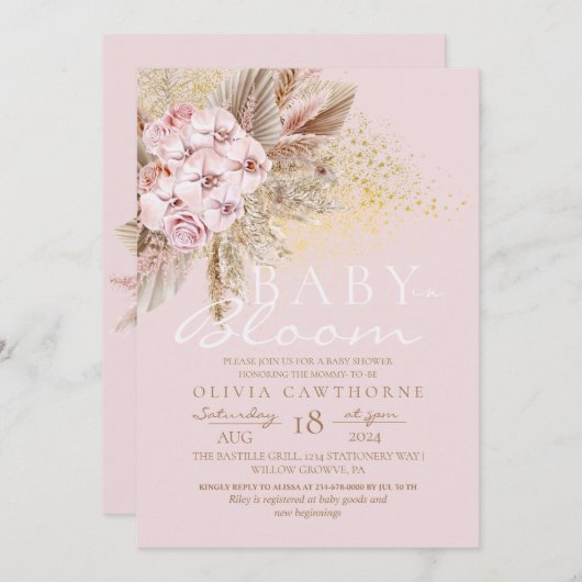Blush Pink and Gold Baby in Bloom Baby Shower Einladung (Vorne/Hinten)