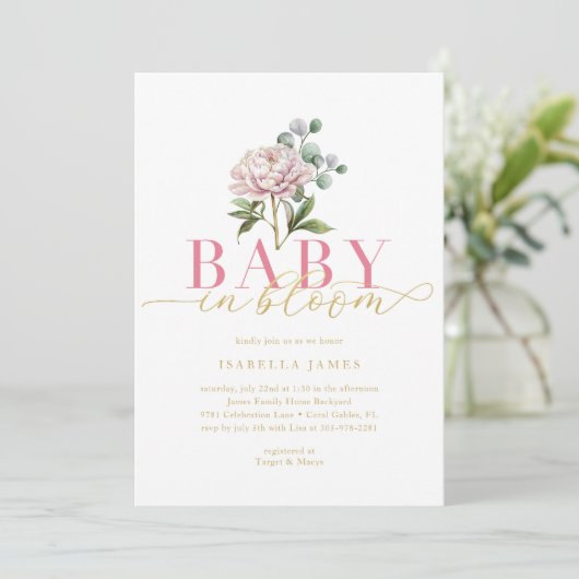 Blush Pink and Gold Baby in Bloomflorale Baby Show Einladung (Stehend Vorderseite)