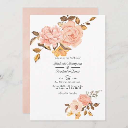 Blush Pink and Gold Floral QR Code RSVP Wedding Einladung (Vorne/Hinten)