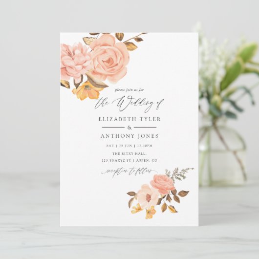 Blush Pink and Gold Floral Wedding Einladung (Stehend Vorderseite)