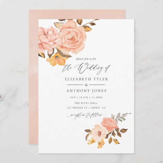 Blush Pink and Gold Floral Wedding Einladung (Vorne/Hinten)