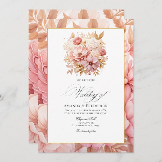 Blush Pink and Gold Floral Wedding Einladung (Vorne/Hinten)