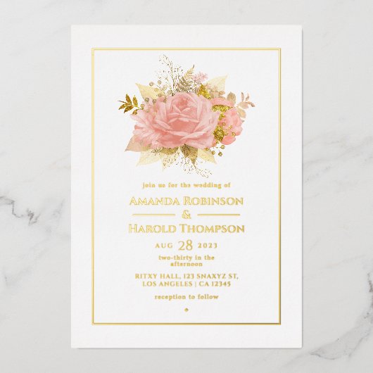 Blush Pink and Gold Floral Wedding Folieneinladung (Vorderseite)