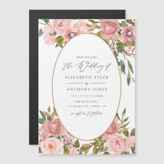 Blush Pink and Gold Floral Wedding Magneteinladung (Vorne/Hinten)