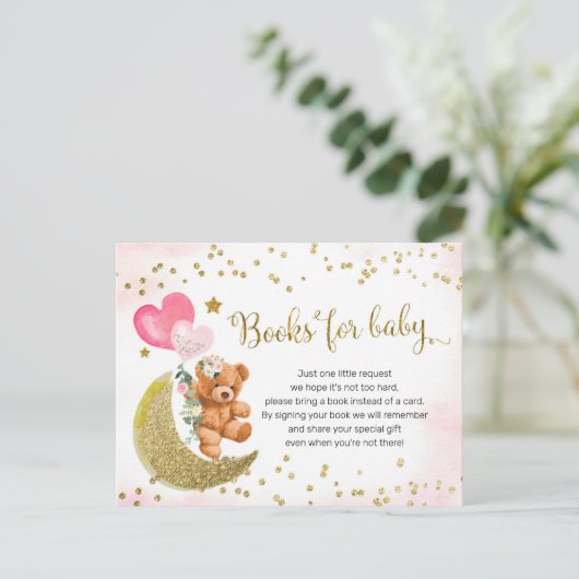 Blush Pink and Gold Teddy Bear Books for Baby Einladungspostkarte (Stehend Vorderseite)