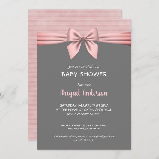 Blush Pink and Gray Bow Baby Dusche Einladung (Vorne/Hinten)
