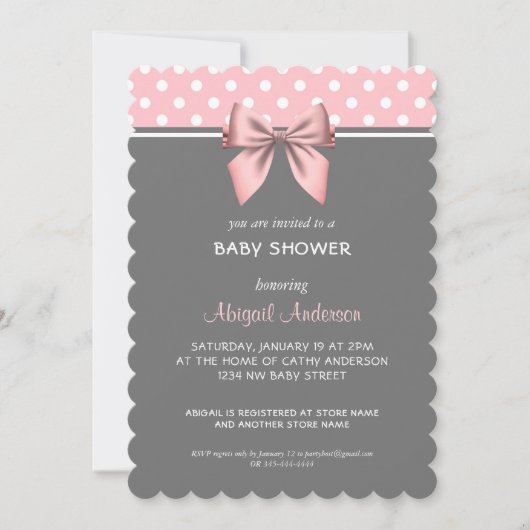 Blush Pink and Grey Polka Dot Bow Baby Showdusche Einladung (Vorderseite)