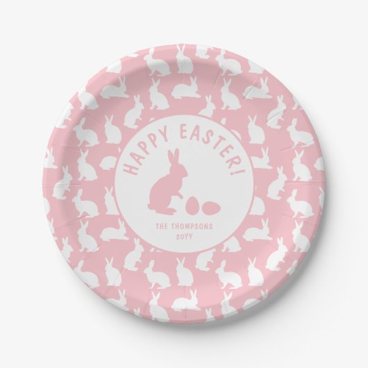 Blush Pink And White Bunny Pattern Happy Easter Pappteller (Vorderseite)