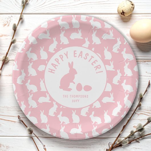 Blush Pink And White Bunny Pattern Happy Easter Pappteller