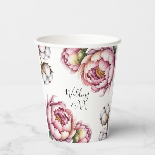 Blush Pink and White Cotton Wedding Pappbecher (Rückseite)