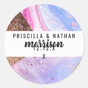 Blush Pink Aqua Blue Flüssiger Marmor Glitzer Geo Runder Aufkleber