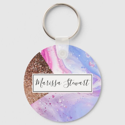 Blush Pink Aqua Blue Liquid Marble Glitzer Geo Schlüsselanhänger (Vorderseite)
