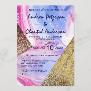 Blush Pink Aqua Blue Liquid Marble Glitzer Hochzei Einladung
