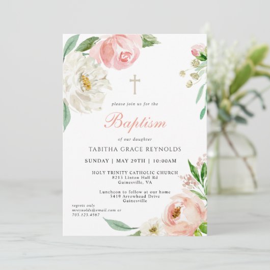 Blush Pink Aquarell Bloral Baby Taufe Einladung (Stehend Vorderseite)