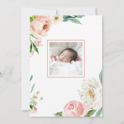 Blush Pink Aquarell Bloral Baby Taufe Einladung (Rückseite)