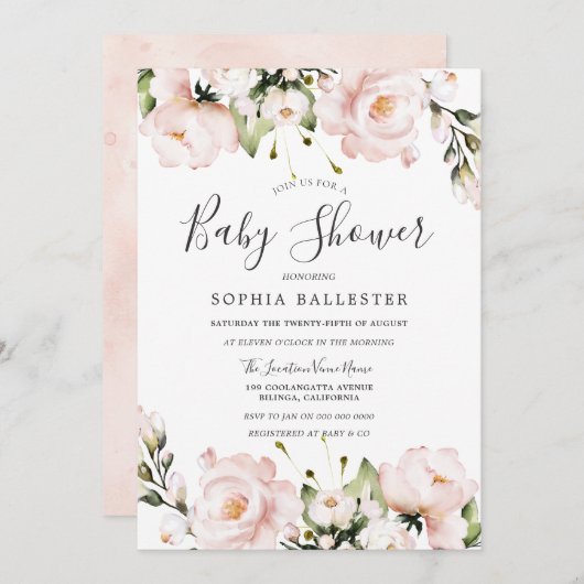 Blush Pink Aquarell Blume Kinderdusche Einladung (Vorne/Hinten)