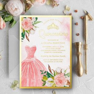 Blush Pink Aquarell Blumenbraun Quinceanera Gold Folieneinladung