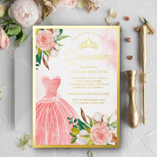 Blush Pink Aquarell Blumenbraun Quinceanera Gold Folieneinladung