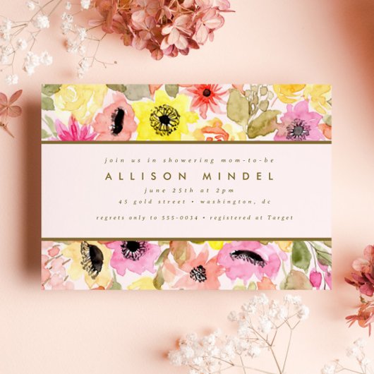 Blush Pink Aquarell Blumengarten Kinderdusche Einladung