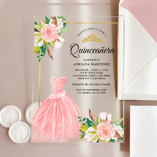Blush Pink Aquarell Blumengrün Gold Quinceanera Acryleinladungen