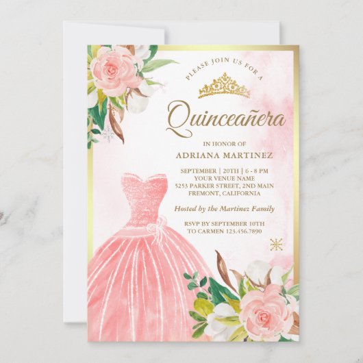Blush Pink Aquarell Blumengrün Gold Quinceanera Einladung (Vorderseite)