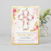 Blush Pink Aquarell Blumentaufen Gold Folieneinladung (Stehend vorne)