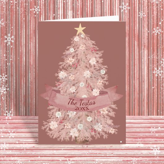 Blush Pink Aquarell Blumenweihnachtsbaum geklappt Feiertagskarte