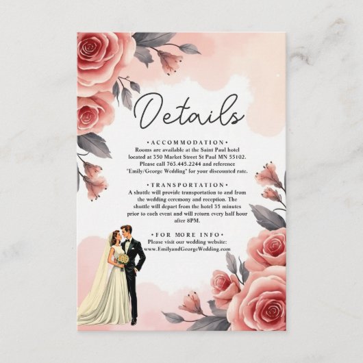 Blush Pink Aquarell Blütenbraun & Groom Hochzeit Begleitkarte (Vorderseite)