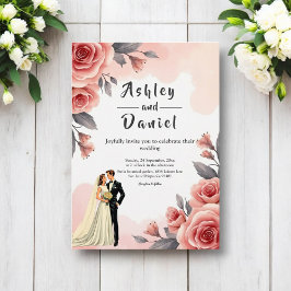 Blush Pink Aquarell Blütenbraun & Groom Hochzeit Einladung