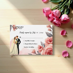 Blush Pink Aquarell Blütenbraun & Groom Hochzeit RSVP Karte