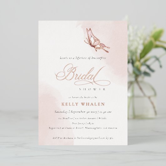 Blush Pink Aquarell Butterfly Brautparty Folieneinladung (Stehend vorne)