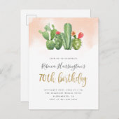 Blush Pink Aquarell & Cactus 70. Geburtstag Einladungspostkarte (Vorne/Hinten)