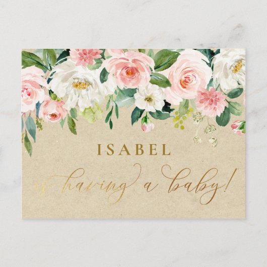 Blush Pink Aquarell Floral & Kraft Babydusche Postkarte (Vorderseite)