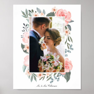 Blush Pink Aquarell Rose und Grünpflanzen Poster