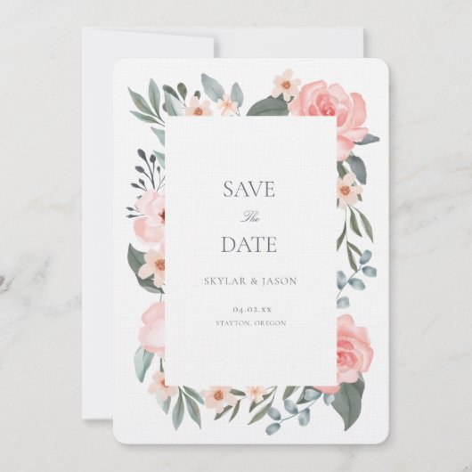 Blush Pink Aquarell Rose und Grünpflanzen Save The Date (Vorderseite)