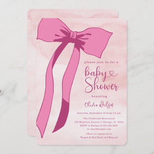 Blush Pink Aquarellbow Babydusche Einladung (Vorne/Hinten)