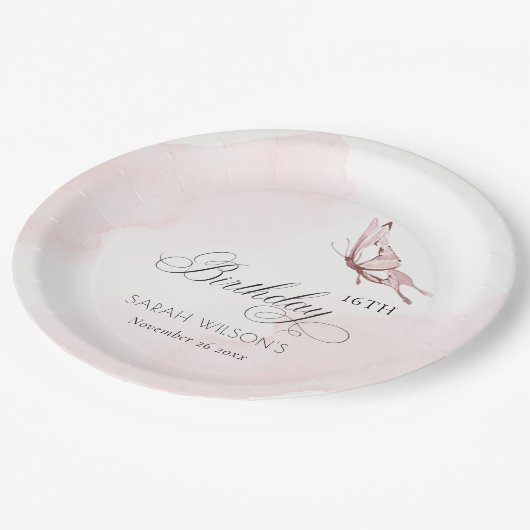 Blush Pink Aquarellbutterfly jedes Alter Geburtsta Pappteller (Schrägansicht)