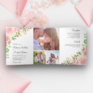 Blush Pink Aquarellfarbe Blumenfotos Hochzeit Dreifach Gefaltete Einladung