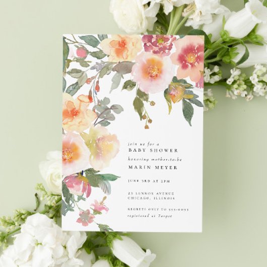 Blush Pink Aquarellfarben Blume Blüten Kinderdusch Einladung