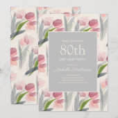 Blush Pink Aquarellfarben Blume Tulips 80. Geburts Einladung (Vorne/Hinten)