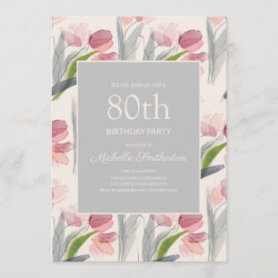 Blush Pink Aquarellfarben Blume Tulips 80. Geburts Einladung