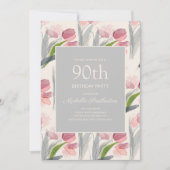 Blush Pink Aquarellfarben Blume Tulips 90. Geburts Einladung (Vorderseite)