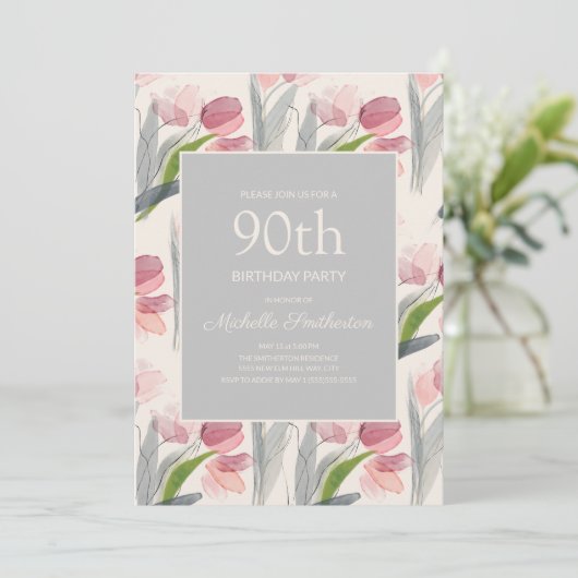 Blush Pink Aquarellfarben Blume Tulips 90. Geburts Einladung (Stehend Vorderseite)