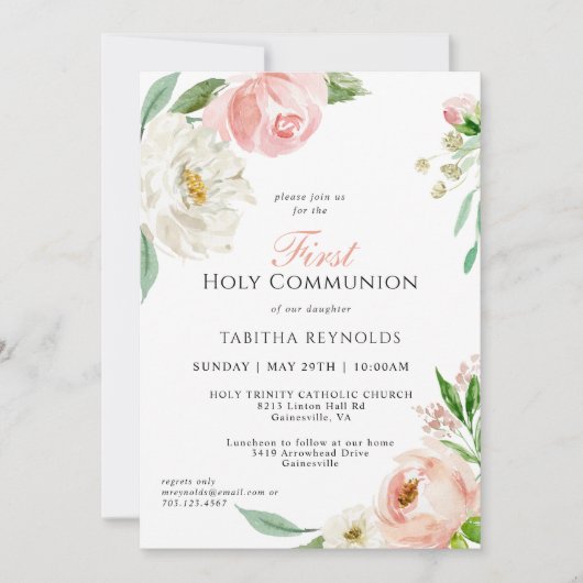 Blush Pink Aquarellfarben Erste Kommune Einladung (Vorderseite)