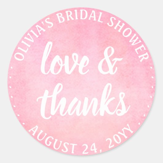 Blush Pink Aquarellfarben Liebe & Dank Brautparty Runder Aufkleber (Vorderseite)