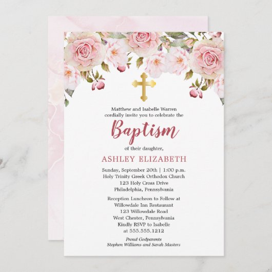 Blush Pink Aquarelltaufe Einladung (Vorne/Hinten)