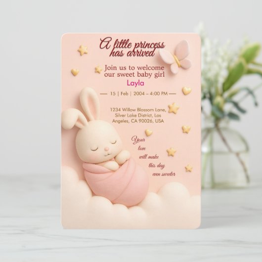 Blush Pink Baby Girl Dusche laden ein Einladung (Stehend Vorderseite)