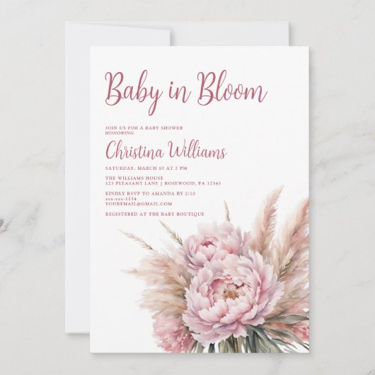 Blush Pink Baby in Bloom Girl Baby Dusche Einladung (Vorderseite)
