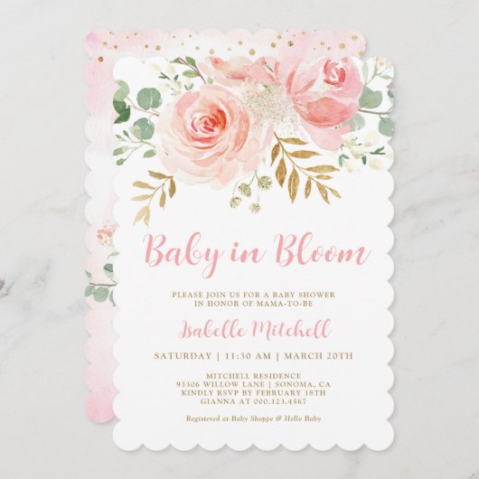 Blush Pink "Baby in Bloom" Kinderdusche Einladung (Vorne/Hinten)